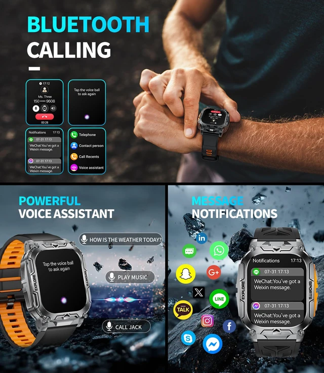 Alt view image 3 of 7 - Military Smart Watches for Men(Answer/Dial Calls),2.01" Ultra Large HD Smartwatch with 60 Days Extra-Long Battery/Heart Rate/Sleep Monitor/Flashlight/2 Straps,Rugged Fitness Watch for Android/iOS