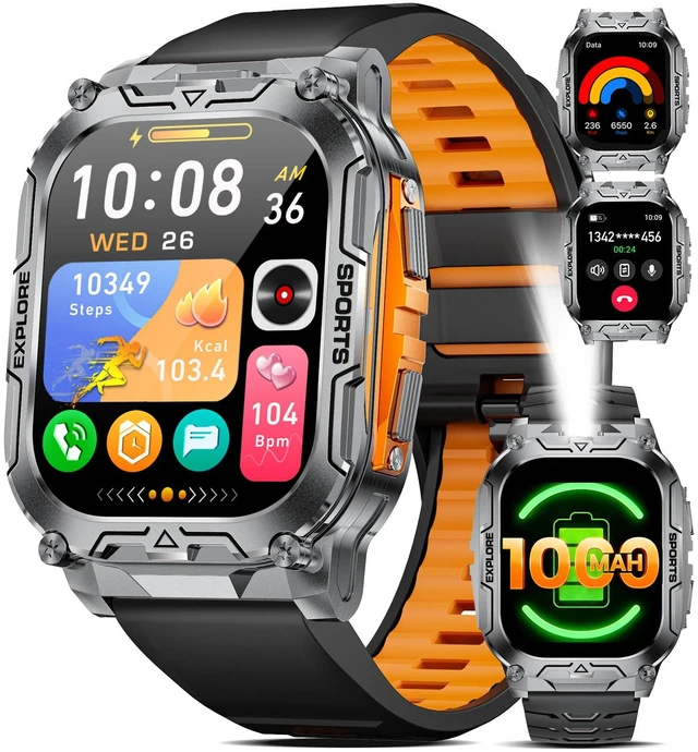Main image of Military Smart Watches for Men(Answer/Dial Calls),2.01" Ultra Large HD Smartwatch with 60 Days Extra-Long Battery/Heart Rate/Sleep Monitor/Flashlight/2 Straps,Rugged Fitness Watch for Android/iOS