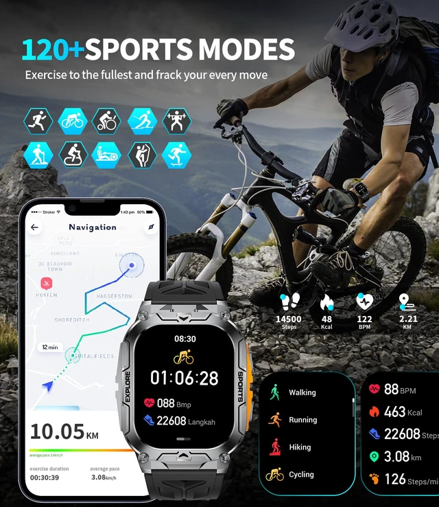 Alt view image 5 of 7 - Military Smart Watches for Men(Answer/Dial Calls),2.01" Ultra Large HD Smartwatch with 60 Days Extra-Long Battery/Heart Rate/Sleep Monitor/Flashlight/2 Straps,Rugged Fitness Watch for Android/iOS