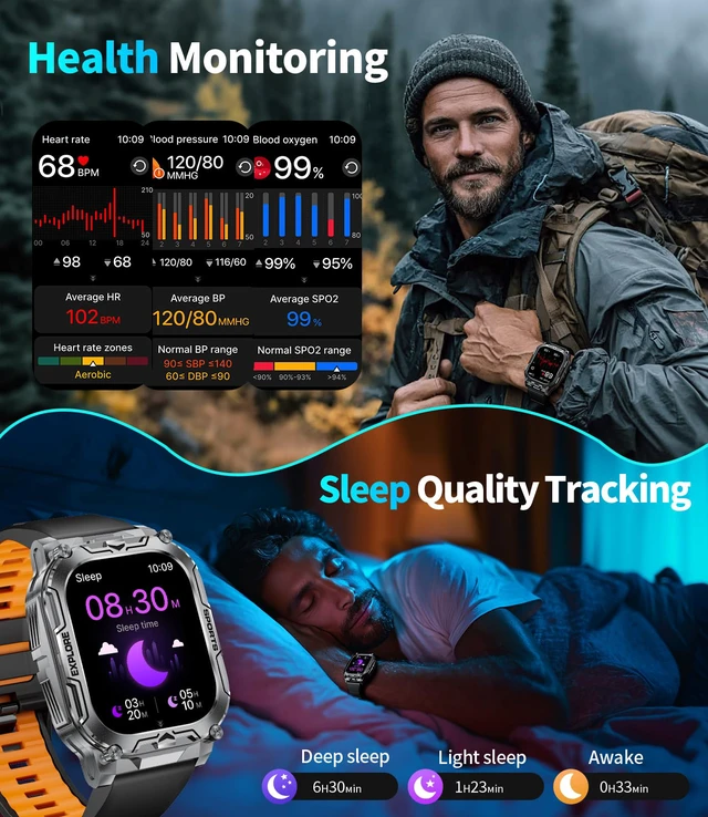Alt view image 4 of 7 - Military Smart Watches for Men(Answer/Dial Calls),2.01" Ultra Large HD Smartwatch with 60 Days Extra-Long Battery/Heart Rate/Sleep Monitor/Flashlight/2 Straps,Rugged Fitness Watch for Android/iOS