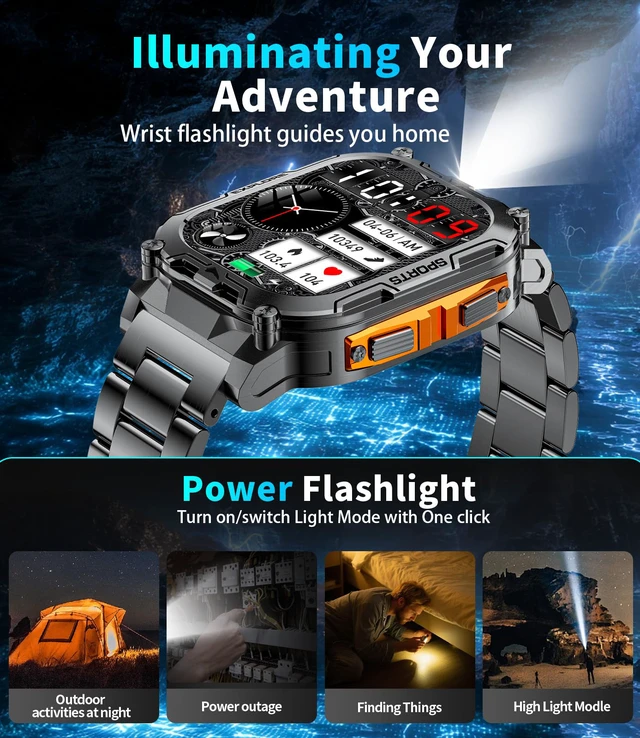 Alt view image 6 of 7 - Military Smart Watches for Men(Answer/Dial Calls),2.01" Ultra Large HD Smartwatch with 60 Days Extra-Long Battery/Heart Rate/Sleep Monitor/Flashlight/2 Straps,Rugged Fitness Watch for Android/iOS