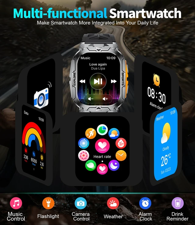 Alt view image 7 of 7 - Military Smart Watches for Men(Answer/Dial Calls),2.01" Ultra Large HD Smartwatch with 60 Days Extra-Long Battery/Heart Rate/Sleep Monitor/Flashlight/2 Straps,Rugged Fitness Watch for Android/iOS