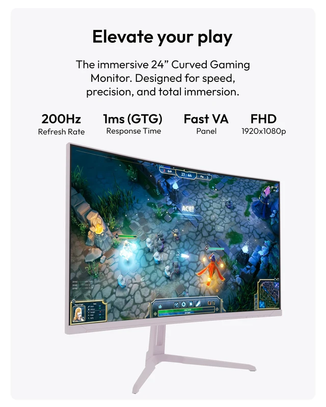 Alt view image 2 of 7 - PXC248 Wave Pink 24 inch 200Hz Refresh Rate FHD 1080p Resolution 1500R Curve Fast VA Panel 1ms GTG Response Time Adaptive Sync HDR Curved Gaming Monitor