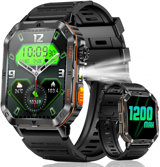 Main image of Military Smart Watch for Men, 2.01 Fitness Tracker with 1200mAh Battery Life, Bluetooth Calling, Flashlight, 5ATM Waterproof, Heart Rate & Sleep Tracking, 110+ Sports Modes for Android & iPhone