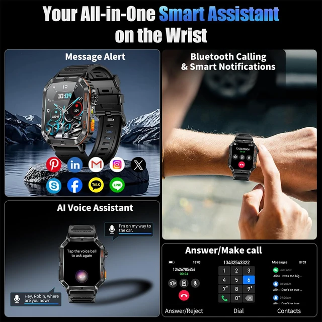 Alt view image 6 of 7 - Military Smart Watch for Men, 2.01 Fitness Tracker with 1200mAh Battery Life, Bluetooth Calling, Flashlight, 5ATM Waterproof, Heart Rate & Sleep Tracking, 110+ Sports Modes for Android & iPhone