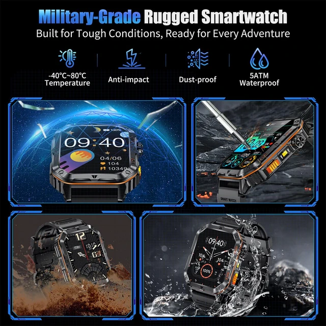 Alt view image 4 of 7 - Military Smart Watch for Men, 2.01 Fitness Tracker with 1200mAh Battery Life, Bluetooth Calling, Flashlight, 5ATM Waterproof, Heart Rate & Sleep Tracking, 110+ Sports Modes for Android & iPhone