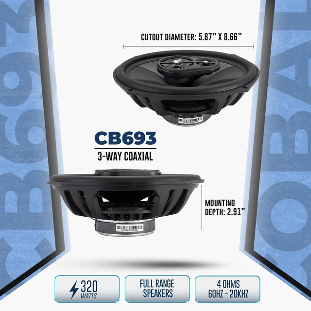 Alt view image 3 of 7 - Cobalt Series CB693 6x9 3-Way Coaxial Car Speakers, 320W, 4 Ohms, Full Range, Enhanced Bass, Polypropylene Cone & Butyl Rubber Surround, Easy Install, Grills Included (Pair)