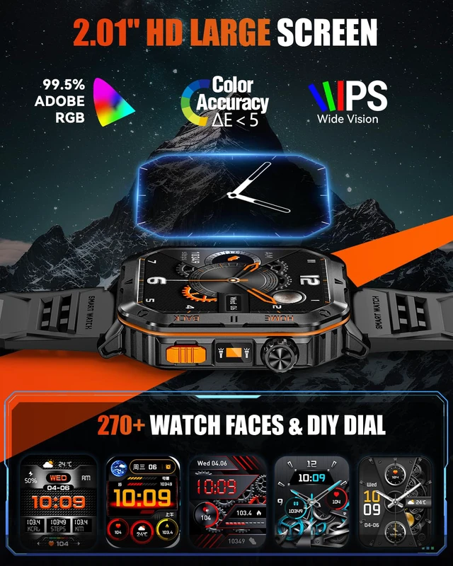 Alt view image 7 of 7 - Military Smart Watch for Men, 2.01 Fitness Tracker with 1200mAh Battery Life, Bluetooth Calling, Flashlight, 5ATM Waterproof, Heart Rate & Sleep Tracking, 110+ Sports Modes for Android & iPhone