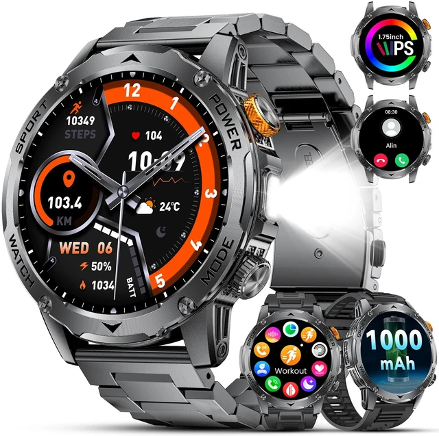 Main image of Military Smart Watches for Men(3 Bands),1000mAh/1.75" HD Large Screen Smartwatch, Flashlight/110+ Sports Modes/IP68 Waterproof/Sleep Monitor Fitness Tracker for Android iOS, Matte Black