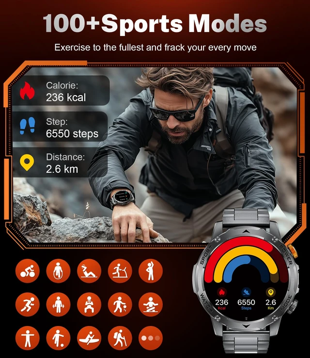 Alt view image 5 of 7 - Military Smart Watches for Men(3 Bands),1000mAh/1.75" HD Large Screen Smartwatch, Flashlight/110+ Sports Modes/IP68 Waterproof/Sleep Monitor Fitness Tracker for Android iOS, Matte Black
