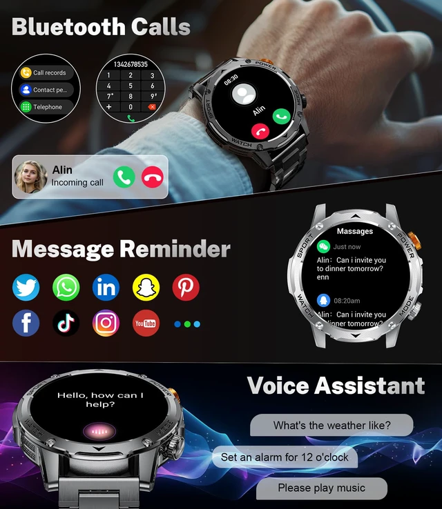 Alt view image 4 of 7 - Military Smart Watches for Men(3 Bands),1000mAh/1.75" HD Large Screen Smartwatch, Flashlight/110+ Sports Modes/IP68 Waterproof/Sleep Monitor Fitness Tracker for Android iOS, Matte Black