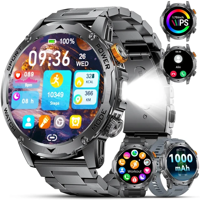 Main image of Military Smart Watches for Men(3 Bands),1000mAh/1.75" HD Large Screen Smartwatch, Flashlight/110+ Sports Modes/IP68 Waterproof/Sleep Monitor Fitness Tracker Watch for Android iOS,Gunmetal