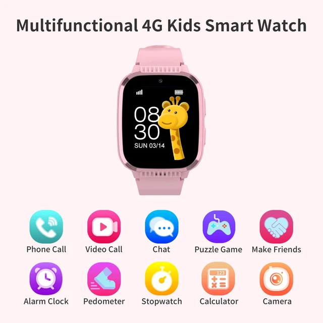 Alt view image 2 of 7 - 4G Kids Smart Watches Girls with GPS Tracker & Call Phone, Kids Watch for Girls Age 5-12 with SOS Calling, School Mode Parental Controls 12/24 Hr Text Message HD Video Call Voice Chat (Pink)