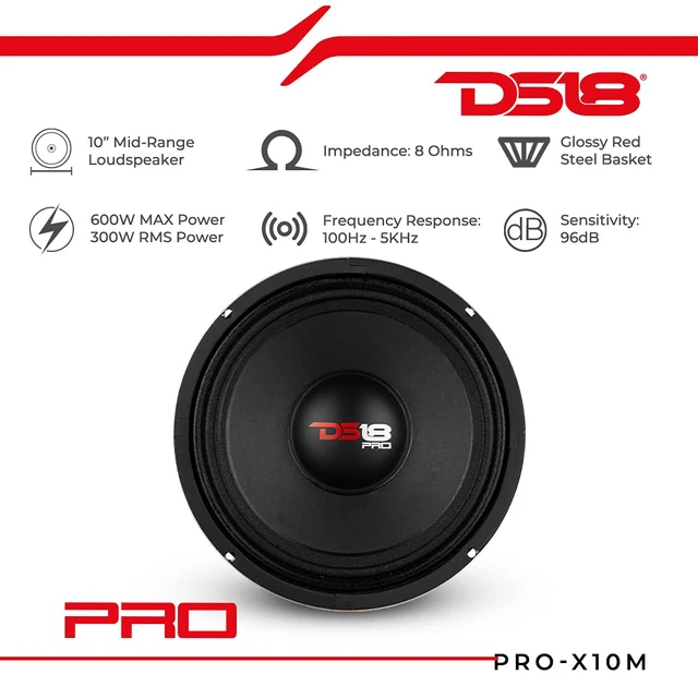 Alt view image 2 of 7 - PRO-X10M Loudspeaker - 10", Midrange, Red Steel Basket, 600W Max, 300W RMS, 8 Ohms - Premium Quality Audio Door Speakers for Car or Truck Stereo Sound System (1 Speaker), Classic