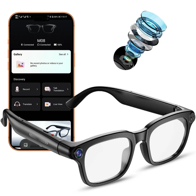 Main image of Ai Smart Glasses with Camera, 4K 8MP HD Photo and Video Recording with Real-Time Translation/Object Recognition/AI Voice Q&A/Recording, Calls and Music, UV & Blue Light Protection, Clear Lens