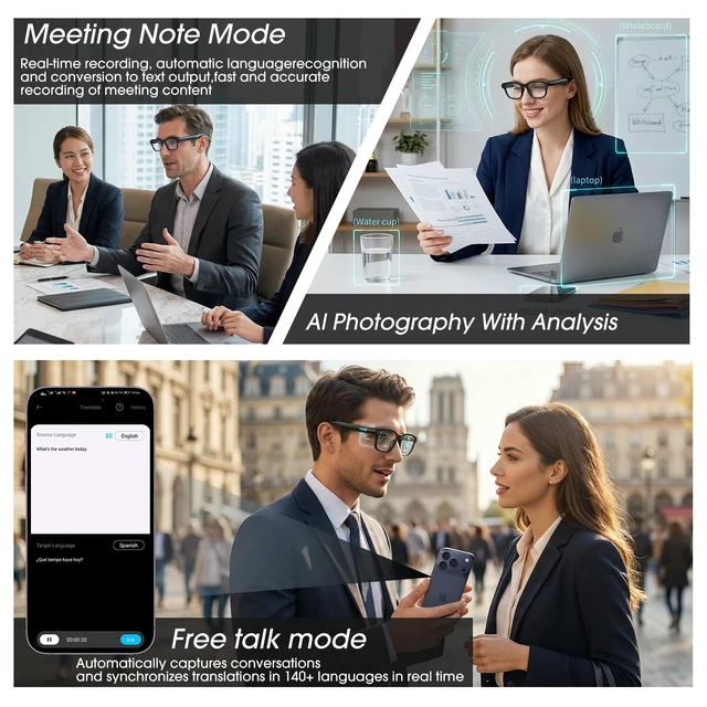 Alt view image 3 of 7 - Ai Smart Glasses with Camera, 4K 8MP HD Photo and Video Recording with Real-Time Translation/Object Recognition/AI Voice Q&A/Recording, Calls and Music, UV & Blue Light Protection, Clear Lens