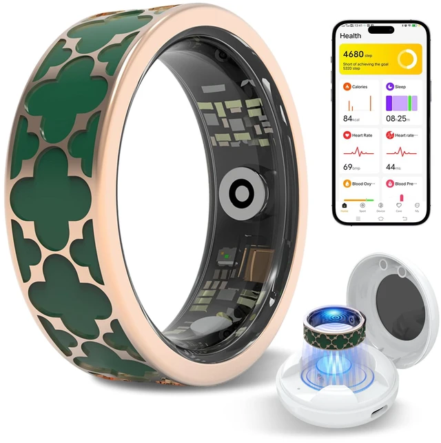 Main image of Smart Health Ring for Women & Men,Fitness Tracker Ring,with Heart Rate,Sleep,Blood Oxygen, BloodPressure,HRV & Cycles,IP68 Waterproof,iOS/Android, No Subscription.(Green, 10)