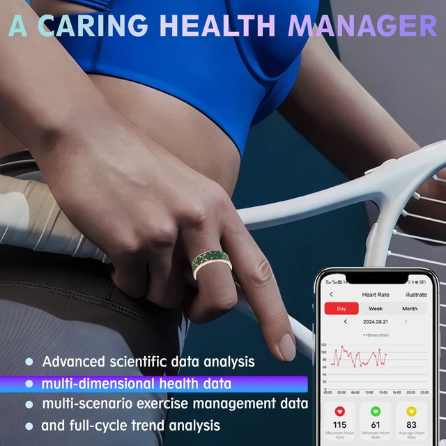 Alt view image 4 of 7 - Smart Health Ring for Women & Men,Fitness Tracker Ring,with Heart Rate,Sleep,Blood Oxygen, BloodPressure,HRV & Cycles,IP68 Waterproof,iOS/Android, No Subscription.(Green, 10)