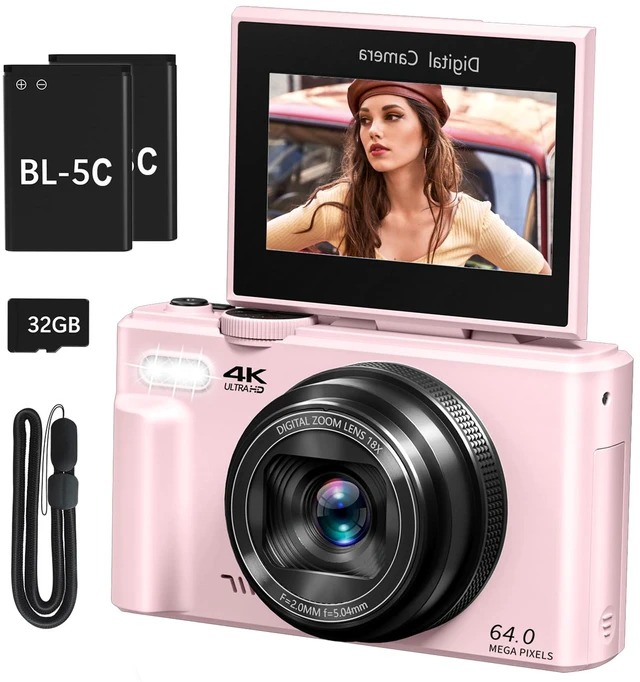 Main image of 4K Digital Camera with 64MP Photos, Vlogging Camera with 180° Flip Screen, Compact Point and Shoot Camera with WiFi & 32GB Card, Easy-to-Use for Beginners and Travel, Pink