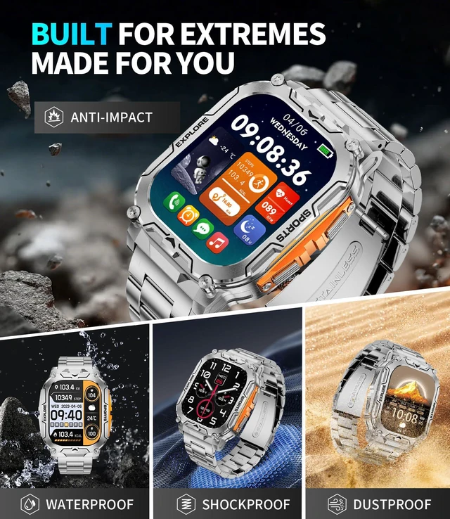 Alt view image 7 of 7 - Military Smart Watches for Men(Answer/Dial Calls),2.01" Ultra Large Smartwatch with 60 Days Extra-Long Battery/Heart Rate/Sleep Monitor/Flashlight/2 Straps,Rugged Fitness Watch for iOS and Android