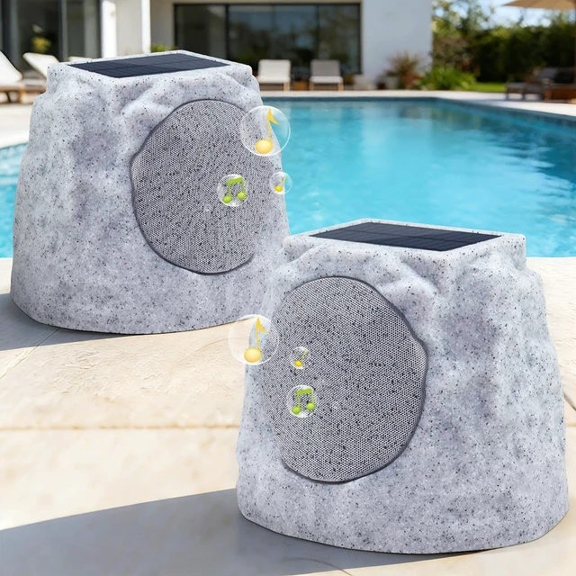 Main image of Outdoor Rock Speakers Waterproof Patio with Lights Color,Multi-Sync Up to 100 Speakers Pairing Solar Powered Rock Speaker Rechargeable for Pool Party Yard Garden Outside 2 Pack