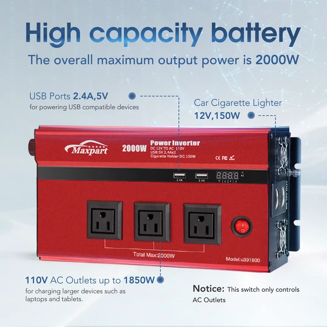 Alt view image 2 of 7 - 2000w 12v Car Power Inverters for Vehicles Truck with USB Charging Port,12v DC to 110v AC Inverter Converter with 3 AC Outlets