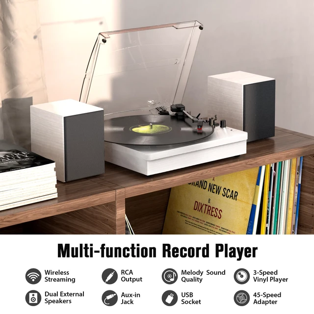 Alt view image 3 of 4 - Vinyl Record Player with Two Stereo Speakers, Bluetooth Playback Turntable with 3 Speed AUX Headphone Input and RCA Out, Retro White