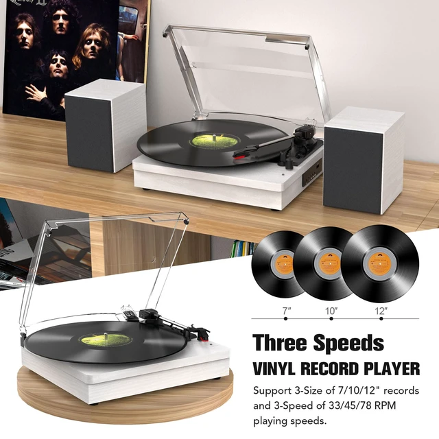Alt view image 4 of 4 - Vinyl Record Player with Two Stereo Speakers, Bluetooth Playback Turntable with 3 Speed AUX Headphone Input and RCA Out, Retro White