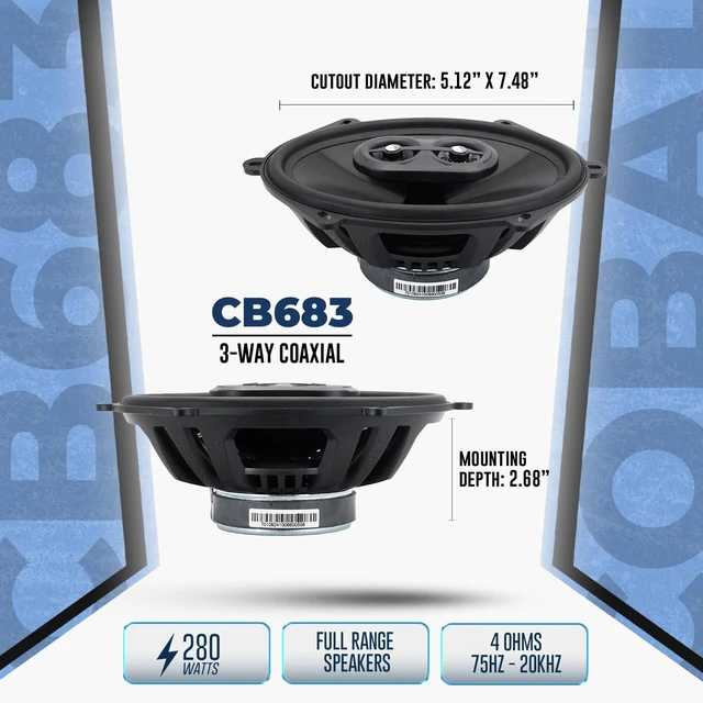 Alt view image 3 of 7 - Cobalt Series CB683 6x8 3-Way Coaxial Car Speakers, 280W, 4 Ohms, Full Range, Enhanced Bass, Polypropylene Cone & Butyl Rubber Surround, Easy Install (Pair)