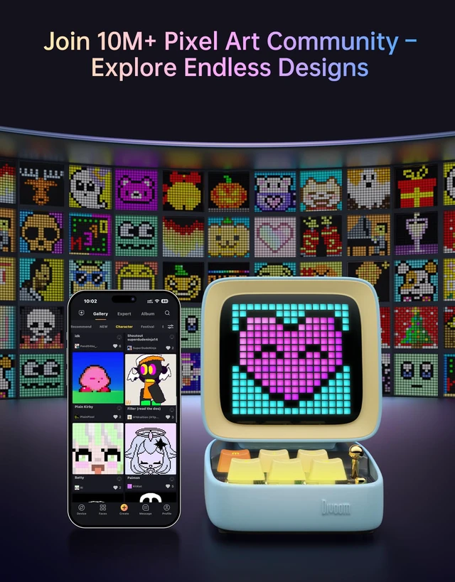 Alt view image 4 of 4 - Ditoo Pro Retro Pixel Art Game Bluetooth Speaker with 16X16 LED App Controlled Front Screen (Blue)