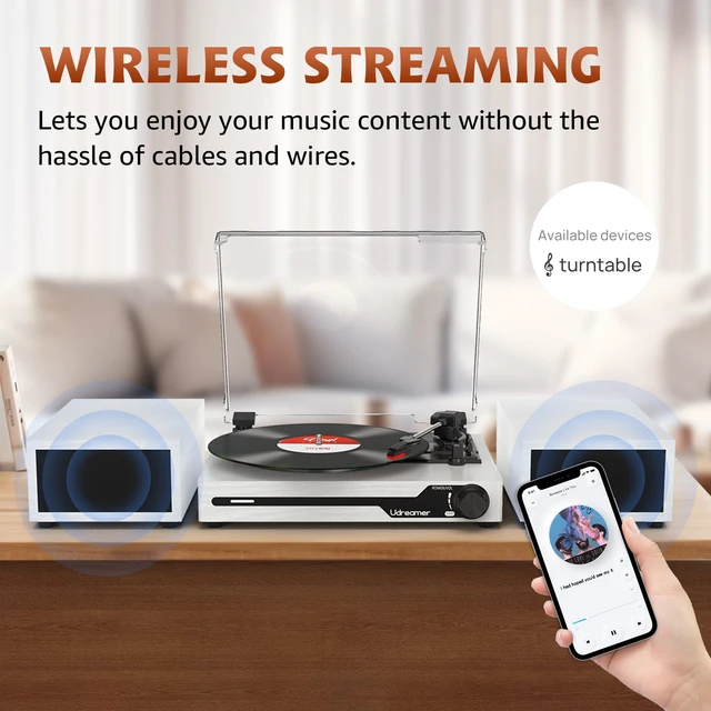 Alt view image 2 of 4 - Vinyl Record Player with External Speakers BT 5.3 Wireless Turntable Portable with 3 Speed USB Vintage Wooden White