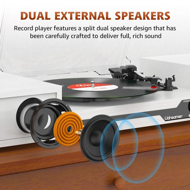 Alt view image 3 of 4 - Vinyl Record Player with External Speakers BT 5.3 Wireless Turntable Portable with 3 Speed USB Vintage Wooden White