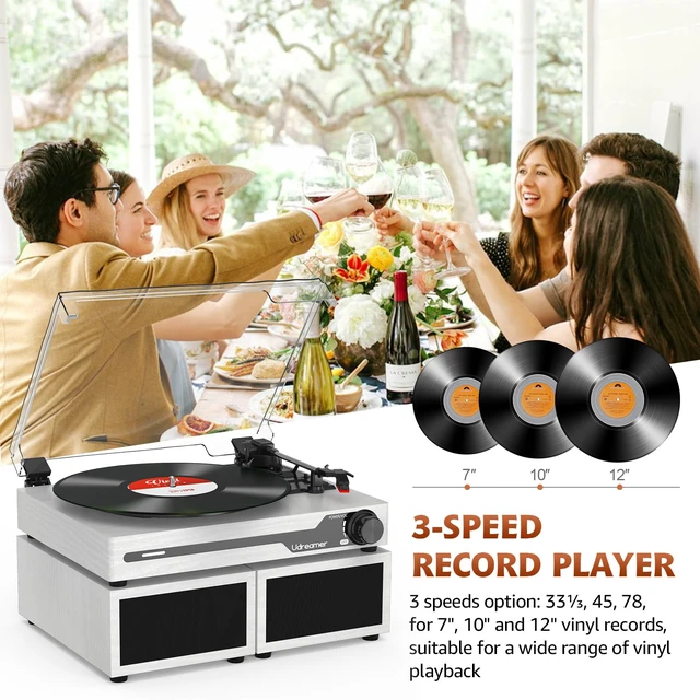 Alt view image 4 of 4 - Vinyl Record Player with External Speakers BT 5.3 Wireless Turntable Portable with 3 Speed USB Vintage Wooden White