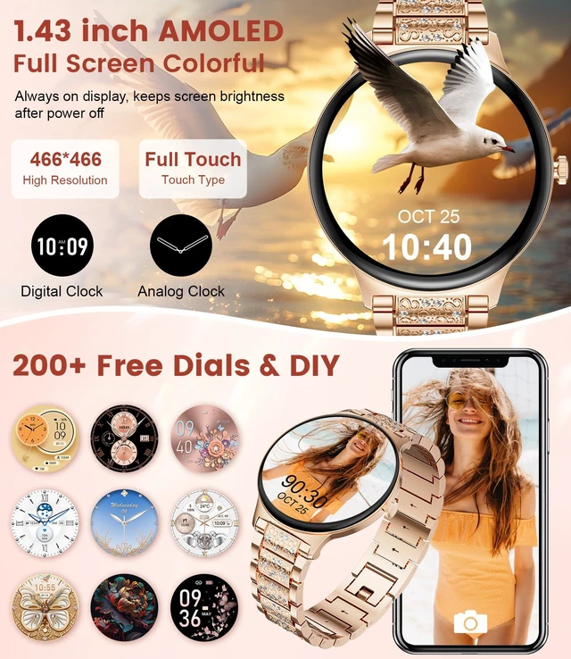 Alt view image 3 of 7 - 2026 Smart Watches for Women(Answer/Make Call), 1.43" AMOLED Android Smart Watch with Heart Rate Monitor/Sleep Tracker/120+Sports Modes, iOS Android Fitness Tracker(Gold)