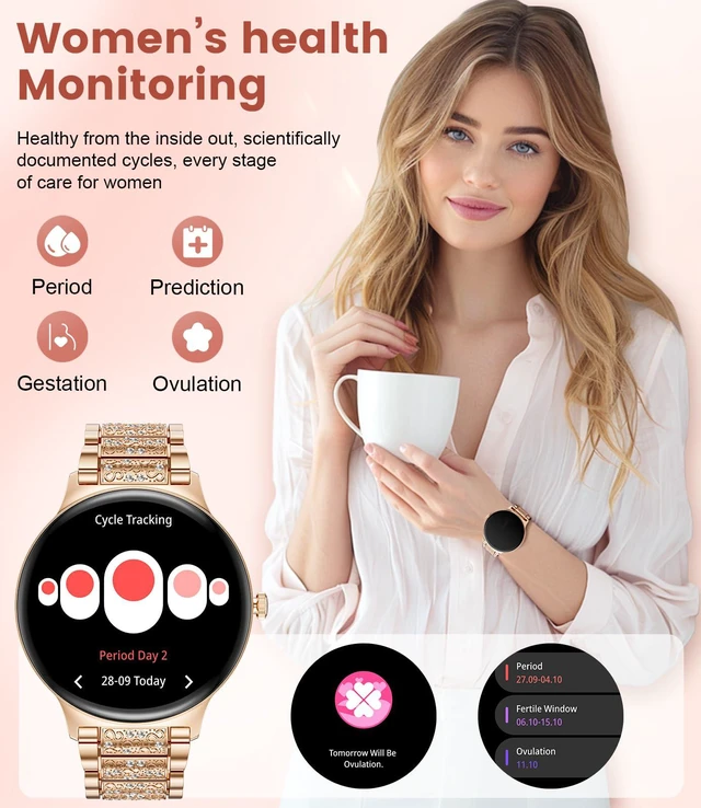 Alt view image 4 of 7 - 2026 Smart Watches for Women(Answer/Make Call), 1.43" AMOLED Android Smart Watch with Heart Rate Monitor/Sleep Tracker/120+Sports Modes, iOS Android Fitness Tracker(Gold)