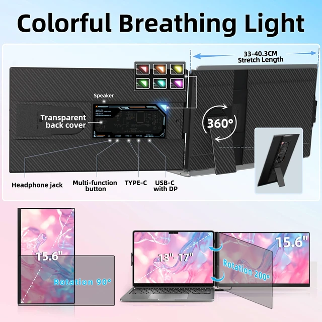 Alt view image 4 of 7 - Laptop Screen Extender Dual Monitor - 15.6" Portable Monitor Detachable IPS 1080P FHD 85% NTSC Travel Screen USB-C HDMI Port Compatible with Wins Mac Chrome Dex Fits 13-17" Laptops