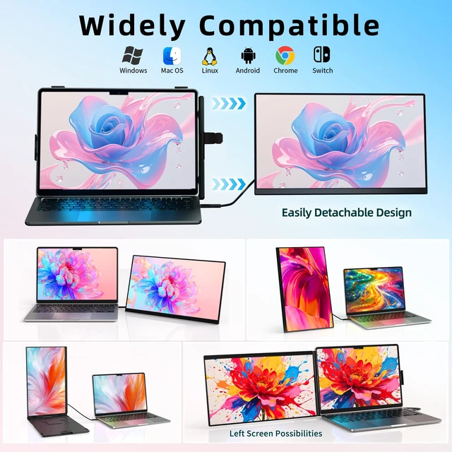 Alt view image 7 of 7 - Laptop Screen Extender Dual Monitor - 15.6" Portable Monitor Detachable IPS 1080P FHD 85% NTSC Travel Screen USB-C HDMI Port Compatible with Wins Mac Chrome Dex Fits 13-17" Laptops