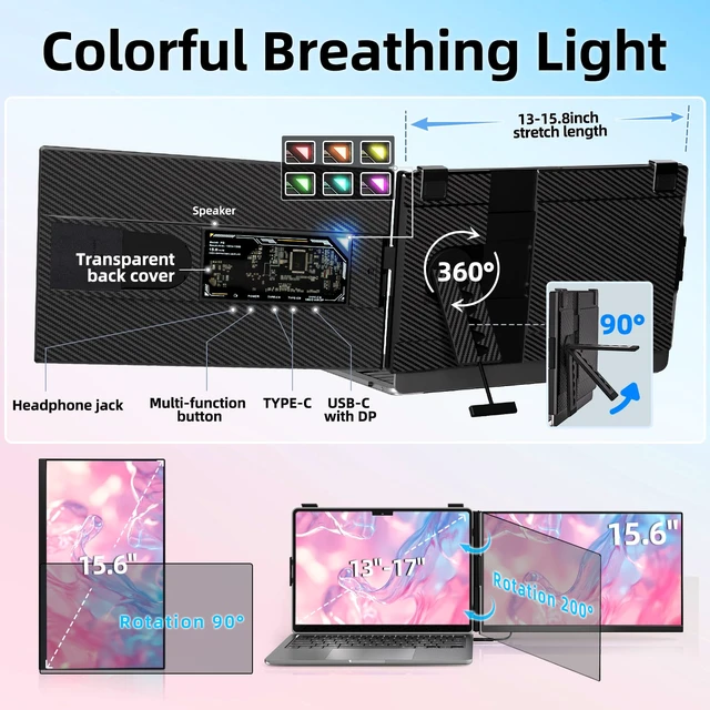 Alt view image 6 of 7 - Laptop Screen Extender Dual Monitor - 15.6" Portable Monitor Detachable IPS 1080P FHD 85% NTSC Travel Screen USB-C HDMI Port Compatible with Wins Mac Chrome Dex Fits 13-17" Laptops