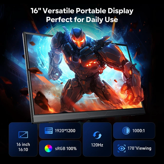 Alt view image 5 of 7 - 120Hz Portable Gaming Monitor 16" 1200P FHD 100% sRGB Portable Display with Adjustable Stand, USB-C & HDMI External Monitor & Travel Screen for Laptop Mac PC Phone Xbox PS5 Switch