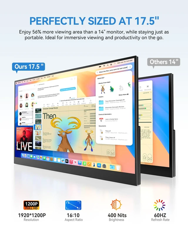Alt view image 2 of 7 - 17.5" Portable Monitor 1920×1200 FHD 16:10 IPS 125% sRGB 400 nits USB-C & HDMI Laptop Extender with 180° Adjustable Stand, Travel Second Screen for MacBook, PC, Phone & Gaming