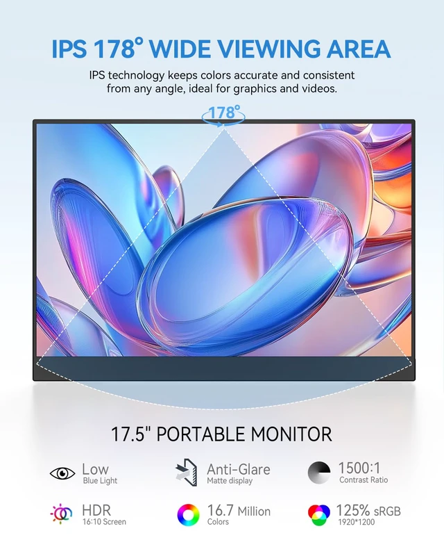 Alt view image 4 of 7 - 17.5" Portable Monitor 1920×1200 FHD 16:10 IPS 125% sRGB 400 nits USB-C & HDMI Laptop Extender with 180° Adjustable Stand, Travel Second Screen for MacBook, PC, Phone & Gaming