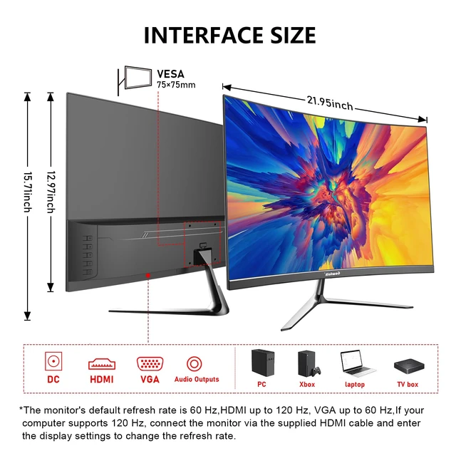 Alt view image 6 of 7 - 24.5 Inch Gaming Curved Monitor Built-in Speakers, 3000R 120Hz PC Screen Full HD 1080P, HDMI 2.0, VGA, Wall Mount Compatible 75 * 75mm