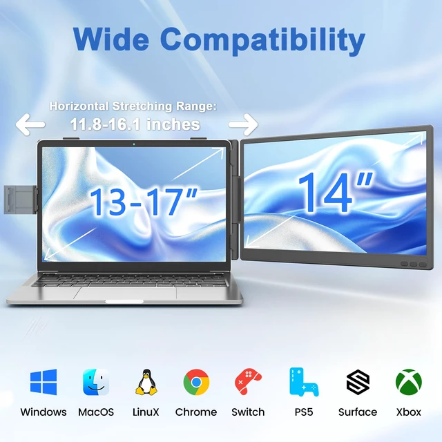 Alt view image 7 of 7 - Laptop Screen Extender, 14" FHD 1080P IPS Dual Laptop Monitor Extender, Portable Monitor Plug & Play USB-C/HDMI/USB-A for 13"-17" Laptops, Work with Windows/MacBook/Switch/PS5