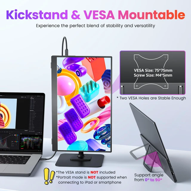 Alt view image 4 of 7 - Portable Monitor 15.6 inch FHD 87% sRGB 60Hz IPS HDR HDMI USB-C Travel Monitor for Laptop MacBook PC Surface PS5 Xbox, External Display with Kickstand & Speakers, VESA Compatible