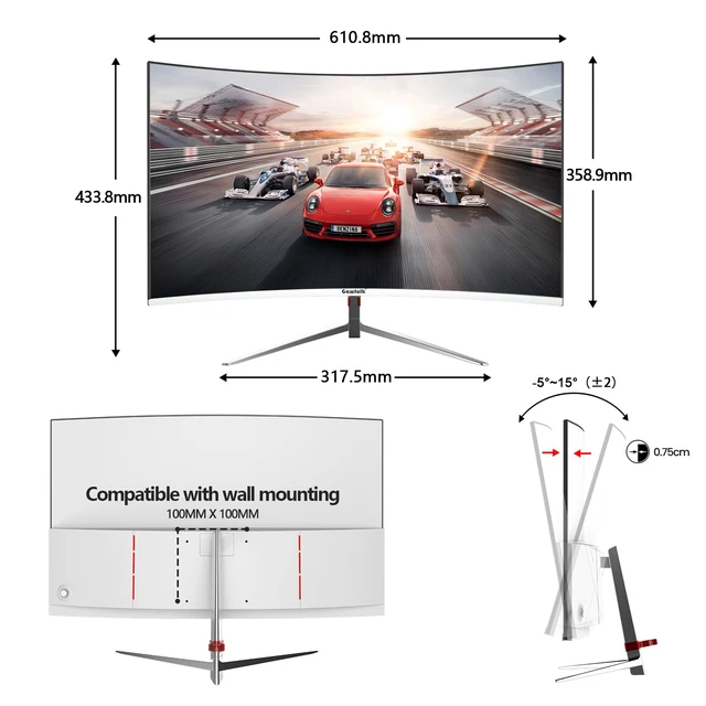 Alt view image 7 of 7 - 27 Inch PC Computer Screen,1800R Curved Gaming 180Hz Monitors, FHD1080p 1ms Without Bezel, freesync, 98% sRGB,178 ° Angle View HDMI DisplayPort, Compatible with Wall-Mounted100*100MM-White