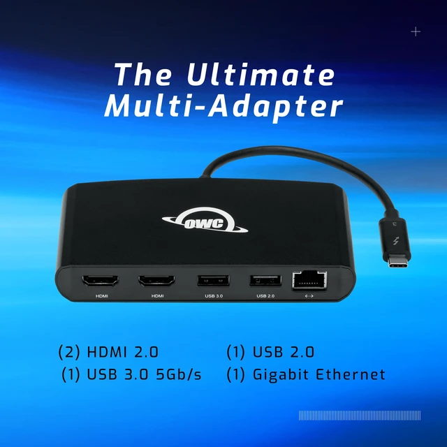 Alt view image 2 of 6 - Thunderbolt mini Dock, Bus-Powered 5-Port Multi-Adapter with Dual 4K HDMI, Dual USB, Gigabit Ethernet, Integrated 7.2-inch TB Cable, for TB (USB-C) Equipped Mac and PC