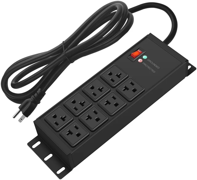 Main image of Magnetic Heavy Duty Power Strip Surge Protector 20Amp, 12 Gauge High Amp Extension Outlets, Garage Wall Mount 8 Plug Metal Power Strip. 25FT, Black, 5-15P Adapter 6-20R T-Slot 20a for Appliance