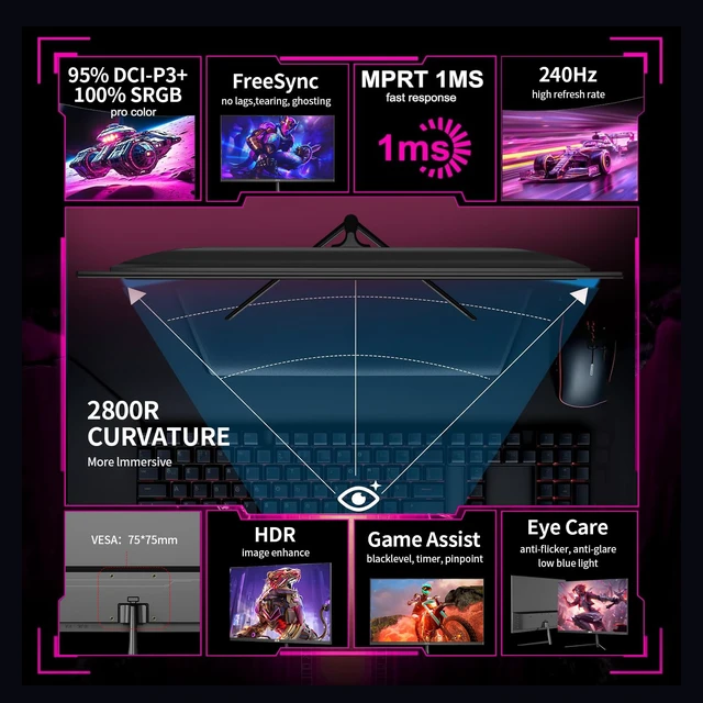 Alt view image 4 of 7 - 25" Curved Gaming Monitor, 240Hz|144Hz FHD(1920 * 1080P) VA Screen Computer Monitor, Supports Freesync, 120% sRGB, Blue Light Filter,AMD Freesync, Wall Mountable Installs(HDMI 1.4/DP 1.2)