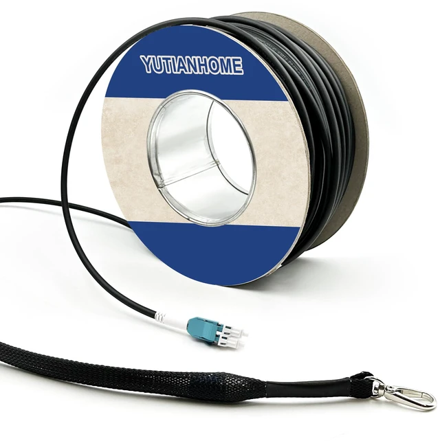 Main image of 120ft OD-5mm Industrial TPU OM3 Fiber LC to LC Outdoor Armored Fiber Patch Cable, Duplex Multimode Fiber Optic Cable, 40Gb 10Gb, 50/125, Uniboot LC-LC with Pulling Eye Kit Installed on one end