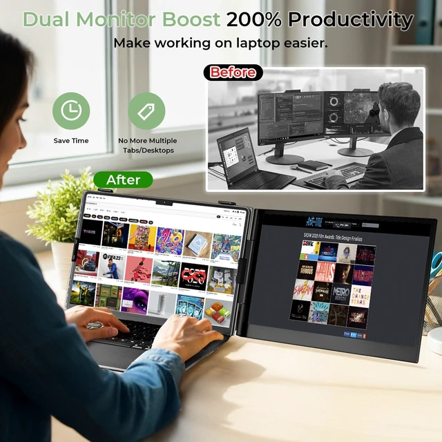 Alt view image 4 of 7 - Laptop Screen Extender, 14" FHD 1080P Lightweight Dual Portable Monitor 0.17" Ultra-Thin Travel Monitor, Fit 13"-17.3" Laptops, Plug and Play, Compatible with Windows/Mac/Android/Chrome/Switch